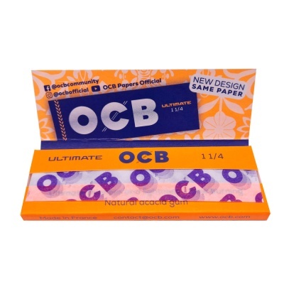 Pacote de papel de enrolar OCB Ultimate 1 1/4 com padrão roxo e embalagem laranja