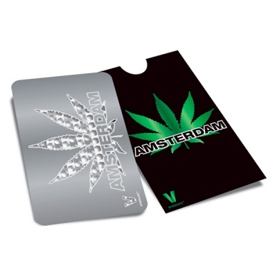 Cartas impermeáveis com desenhos de folhas de cannabis e texto AMSTERDAM