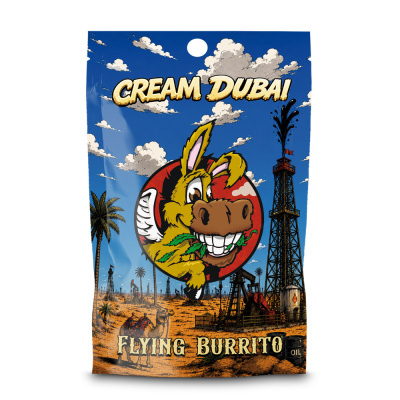 Embalagem CREM DUBAI com desenho de jumento, petróleo e deserto