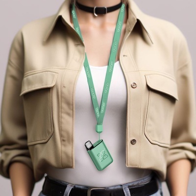 Pessoa com camisa bege e dispositivo verde pendurado no pescoço