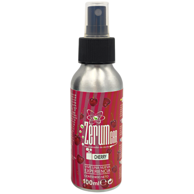 Frasco metálico com spray e rótulo vermelho com cerejas e texto em espanhol