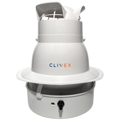 Dispositivo branco de plástico cónico com grelha e inscrição CLIVEX
