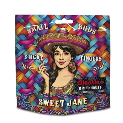 Embalagem colorida com padrão entrelaçado e ilustração de mulher com chapéu mexicano