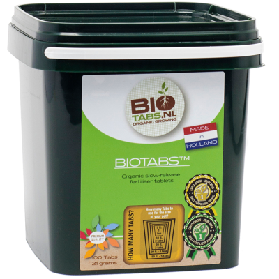 Caixa verde escura com tampo contendo comprimidos fertilizantes orgânicos BIO TABS
