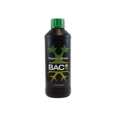 Frasco plástico preto com tampa verde e etiqueta Organic Bloom BAC