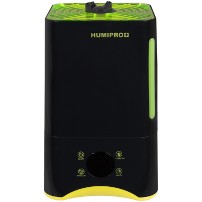 Humidificador preto com detalhes verde-neon e amarelo e texto HUMIPRO+