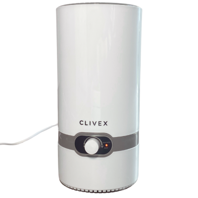Humidificador branco e cinzento da marca CLIVEX com botão e luz indicadora
