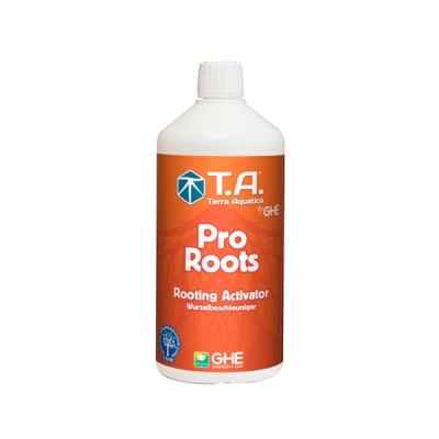 Frasco de produto líquido Pro Roots Rooting Activator com rótulo laranja e tampa branca