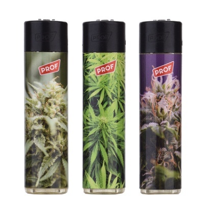 Três isqueiros PROF com decoração de plantas de cannabis em verde, castanho e roxo