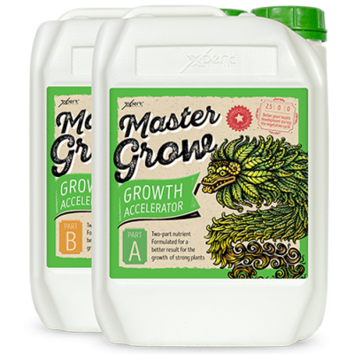 Duas embalagens de plástico com rótulos Master Grow Growth Accelerator e ilustração de dragão