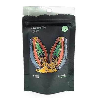 Embalagem preta com ilustração de papaya e texto Papaya Pie, 30% CBD, < 0.3% THC, 1g, CBD Hash e Essentials by goodice