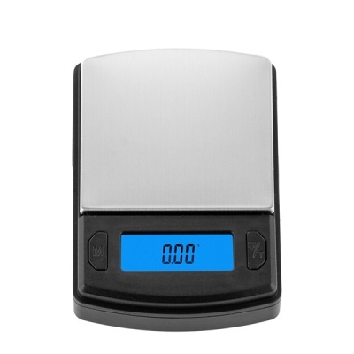 balança digital pequena com prato metálico e ecrã azul