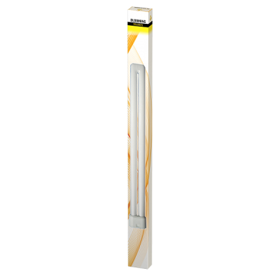 Embalagem branca e amarela com lâmpada fluorescente Blooming T8 L5521 visível