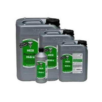 Conjunto de recipientes plásticos cinza com rótulos verdes HESI Floración Hidro