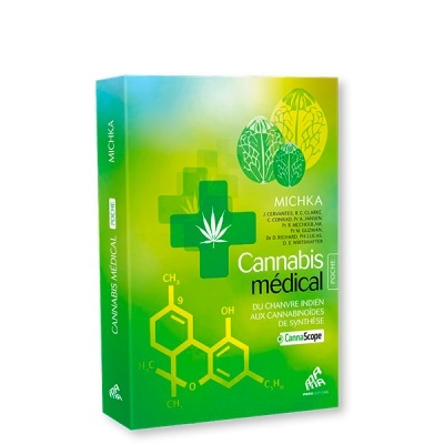 Capa do livro Cannabis médical com gráficos de folhas e fórmulas químicas, em tons verdes e amarelos.