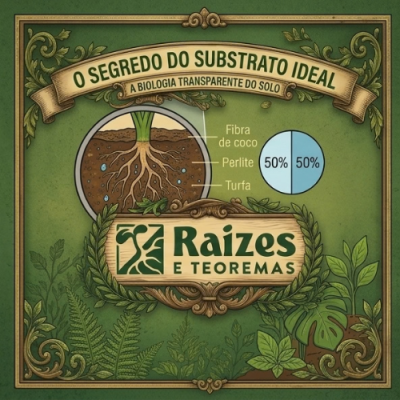 Imagem de solo para plantas com composição de substrato ideal e logo Raizes E Teoremas em fundo verde com folhas
