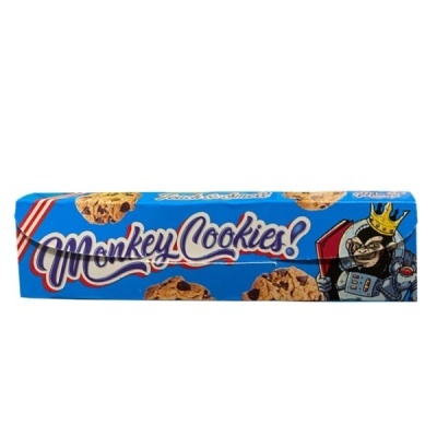 Embalagem azul de cookies Monkey Cookies com imagens de bolachas e macaco com coroa