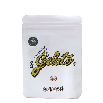 Embalagem branca com fecho zip rotulada Gelato 2G com selo CBD HOUSE e símbolos de aviso