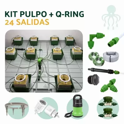 Kit de cultivo hidropónico com 24 saídas, recipientes verdes com cubos amarelos, tubos, conexões e bomba.