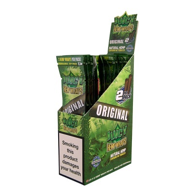Embalagem verde de Juicy Hemp Wraps Original com aviso de saúde