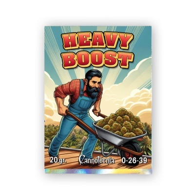 Embalagem do produto HEAVY BOOST com ilustração de homem com carriola