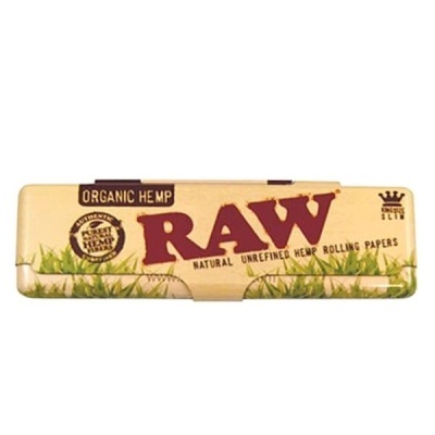 Estojo amarelo com papel de enrolar RAW Organic Hemp e ilustração de relva