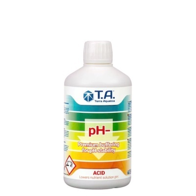Frasco de produto químico pH- da marca T.A. Terra Aquatica com rótulo colorido e texto de advertência.