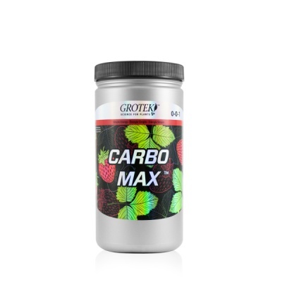 Frasco prata CARBO MAX com rótulo de folhas e morangos