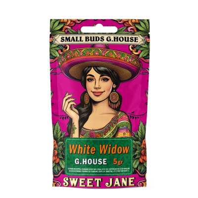 Embalagem rosada com mulher ilustrada e texto White Widow
