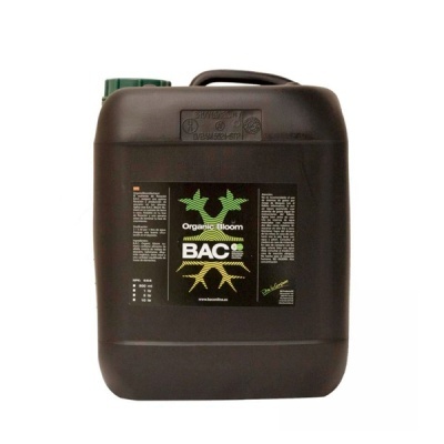 Recipiente plástico preto com tampa verde e rótulo Organic Bloom BAC