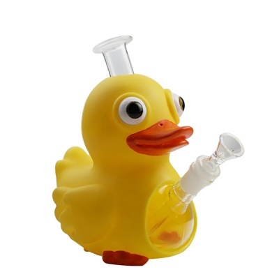 Bong de vidro amarelo em forma de pato com partes de vidro transparente