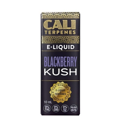 Embalagem preta de e-liquid Blackberry Kush com texto dourado, branco e roxo