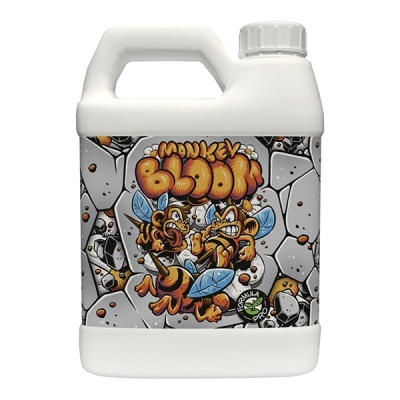 Frasco branco de plástico com rótulo colorido de duas abelhas e texto MONKEY BLOOM