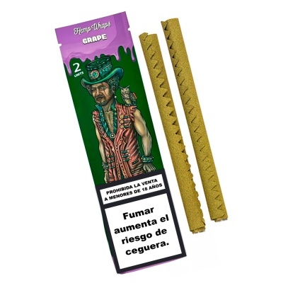 Embalagem de embrulhos de cânhamo sabor uva com dois tubos e texto de advertência em espanhol.