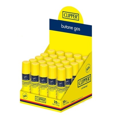 Recargas de gás butano CLIPPER em expositor amarelo