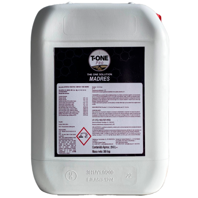 Recipiente plástico branco com rótulo preto detalhando produto T-ONE PRO MADRES