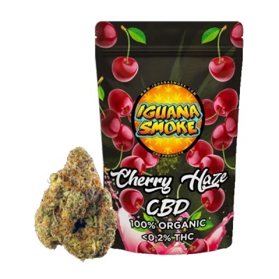 Embalagem de CBD Cherry Haze com cerejas e flor seca de cannabis