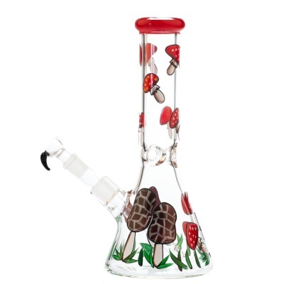Bong de vidro decorado com cogumelos vermelhos e castanhos
