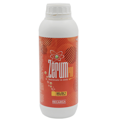 Frasco branco com rótulo vermelho de neutralizador de odores Zerum Pro