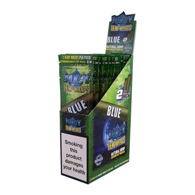 Expositor verde com packs Juicy Hemp Wraps Blue contendo 2 wraps