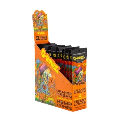 Expositor laranja com pacotes de cones pré-rolados de cânhamo G-Rollz