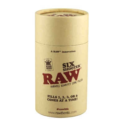 Embalagem cilíndrica de cartão castanho claro com texto RAW Six Shooter