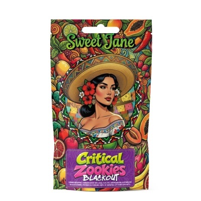 Pacote colorido com ilustração de mulher e frutas com textos Sweet Jane e Critical Zookies BLACKOUT