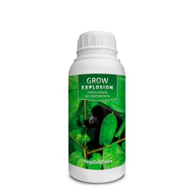 Frasco branco de fertilizante com rótulo verde e imagem de gorila entre folhas