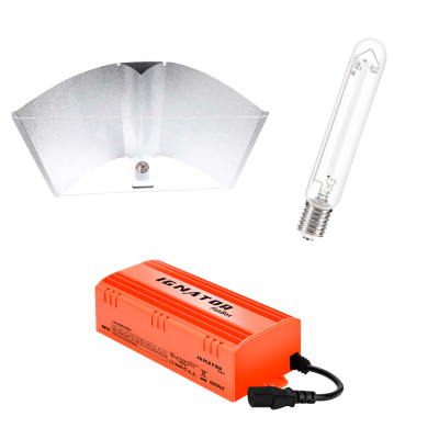 Conjunto de iluminação para cultivo com refletor prateado, lâmpada tubular e transformador laranja IZENATOP.