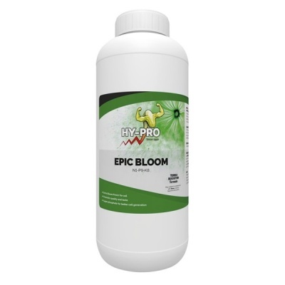 Frasco branco de plástico do produto HY-PRO EPIC BLOOM com etiqueta verde e branca