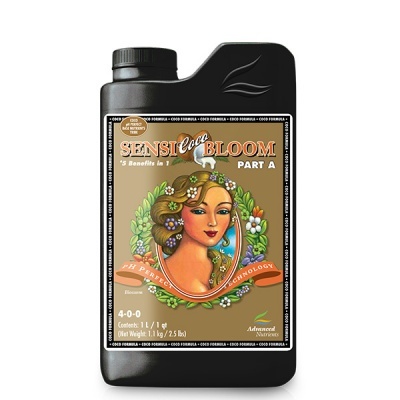 Frasco preto com rótulo colorido de produto SENSIbloom PART A e ilustração feminina