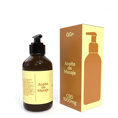 Frasco e caixa de aceite de massagem CBD 1000mg
