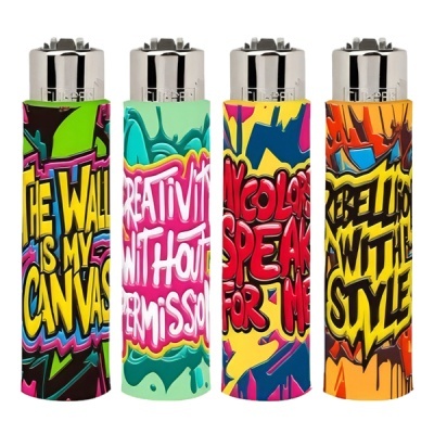 Quatro isqueiros com capas coloridas e textos em graffiti
