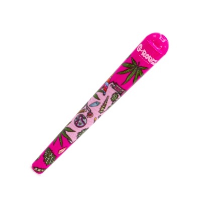 Cilindro rosa com ilustrações e texto G-ROLLZ